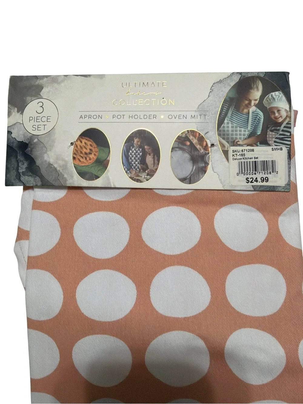 NEW Eco One Kitchen 3-Pc Bakers Set Apron Pot Holder Oven Mitt Peach Polka Dot